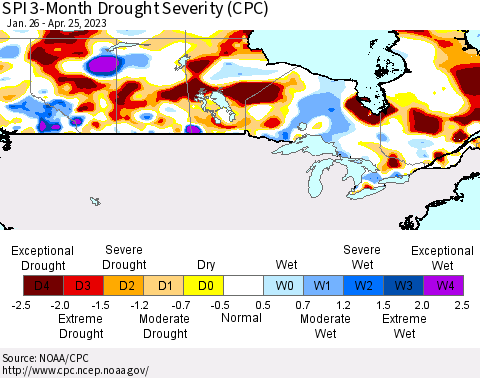 Canada SPI 3-Month Drought Severity (CPC) Thematic Map For 1/26/2023 - 4/25/2023