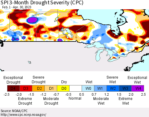 Canada SPI 3-Month Drought Severity (CPC) Thematic Map For 2/1/2023 - 4/30/2023