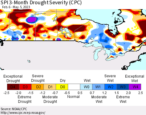 Canada SPI 3-Month Drought Severity (CPC) Thematic Map For 2/6/2023 - 5/5/2023