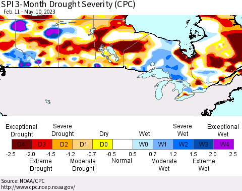 Canada SPI 3-Month Drought Severity (CPC) Thematic Map For 2/11/2023 - 5/10/2023