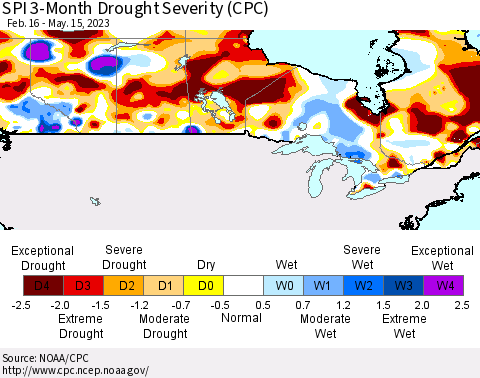 Canada SPI 3-Month Drought Severity (CPC) Thematic Map For 2/16/2023 - 5/15/2023