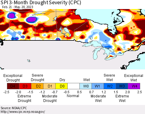 Canada SPI 3-Month Drought Severity (CPC) Thematic Map For 2/21/2023 - 5/20/2023