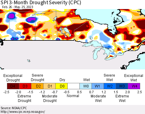 Canada SPI 3-Month Drought Severity (CPC) Thematic Map For 2/26/2023 - 5/25/2023