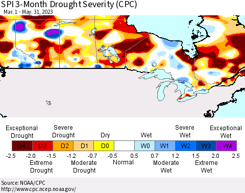 Canada SPI 3-Month Drought Severity (CPC) Thematic Map For 3/1/2023 - 5/31/2023
