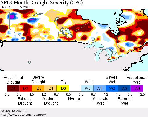 Canada SPI 3-Month Drought Severity (CPC) Thematic Map For 3/6/2023 - 6/5/2023