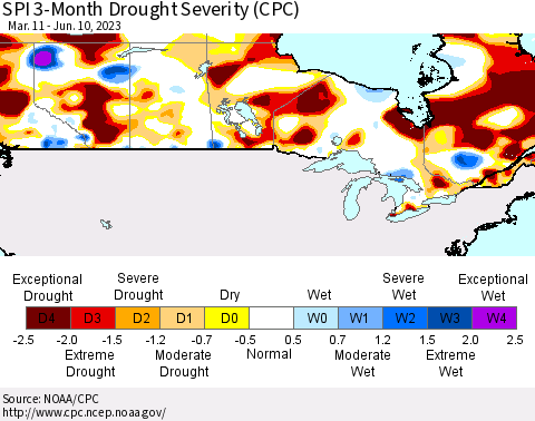 Canada SPI 3-Month Drought Severity (CPC) Thematic Map For 3/11/2023 - 6/10/2023