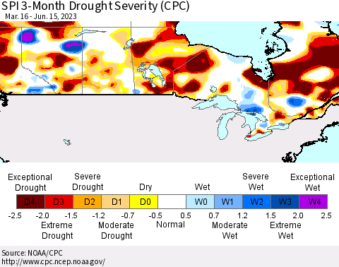 Canada SPI 3-Month Drought Severity (CPC) Thematic Map For 3/16/2023 - 6/15/2023