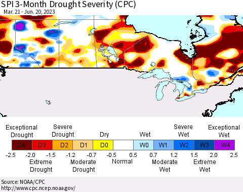 Canada SPI 3-Month Drought Severity (CPC) Thematic Map For 3/21/2023 - 6/20/2023
