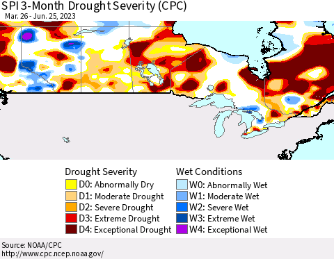 Canada SPI 3-Month Drought Severity (CPC) Thematic Map For 3/26/2023 - 6/25/2023