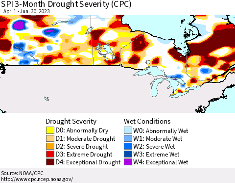 Canada SPI 3-Month Drought Severity (CPC) Thematic Map For 4/1/2023 - 6/30/2023