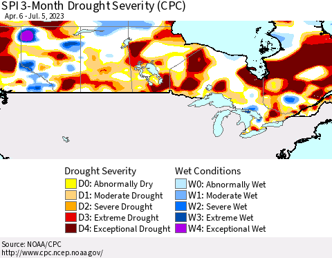 Canada SPI 3-Month Drought Severity (CPC) Thematic Map For 4/6/2023 - 7/5/2023