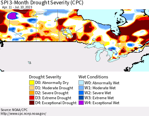 Canada SPI 3-Month Drought Severity (CPC) Thematic Map For 4/11/2023 - 7/10/2023