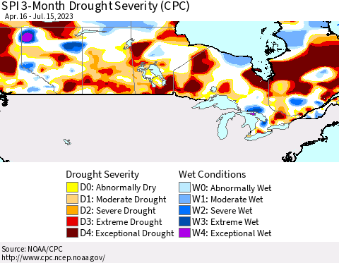Canada SPI 3-Month Drought Severity (CPC) Thematic Map For 4/16/2023 - 7/15/2023