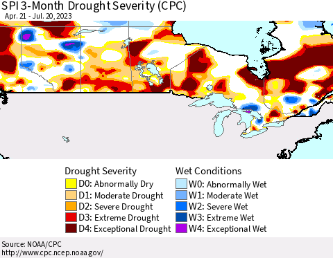 Canada SPI 3-Month Drought Severity (CPC) Thematic Map For 4/21/2023 - 7/20/2023