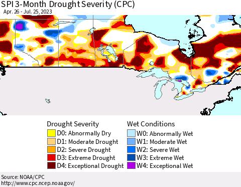 Canada SPI 3-Month Drought Severity (CPC) Thematic Map For 4/26/2023 - 7/25/2023