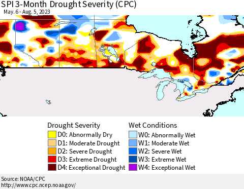 Canada SPI 3-Month Drought Severity (CPC) Thematic Map For 5/6/2023 - 8/5/2023