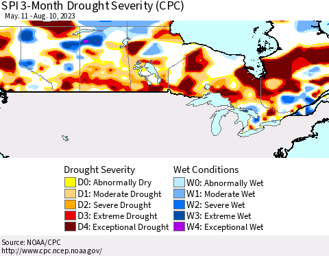 Canada SPI 3-Month Drought Severity (CPC) Thematic Map For 5/11/2023 - 8/10/2023