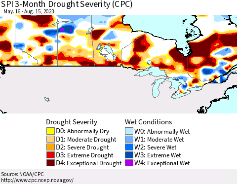 Canada SPI 3-Month Drought Severity (CPC) Thematic Map For 5/16/2023 - 8/15/2023