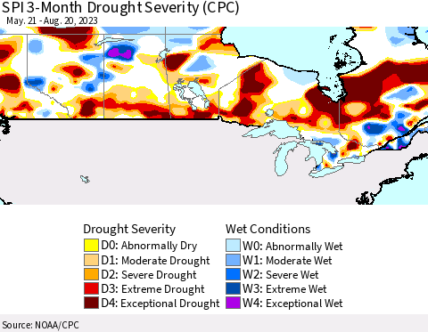 Canada SPI 3-Month Drought Severity (CPC) Thematic Map For 5/21/2023 - 8/20/2023