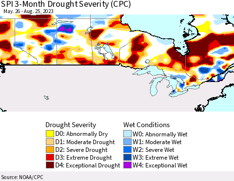 Canada SPI 3-Month Drought Severity (CPC) Thematic Map For 5/26/2023 - 8/25/2023