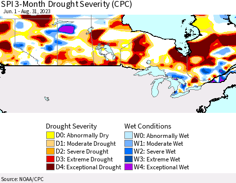Canada SPI 3-Month Drought Severity (CPC) Thematic Map For 6/1/2023 - 8/31/2023