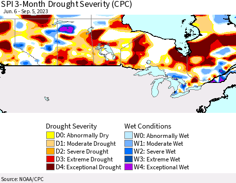 Canada SPI 3-Month Drought Severity (CPC) Thematic Map For 6/6/2023 - 9/5/2023
