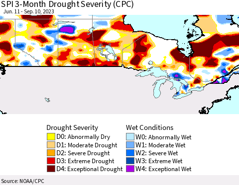 Canada SPI 3-Month Drought Severity (CPC) Thematic Map For 6/11/2023 - 9/10/2023