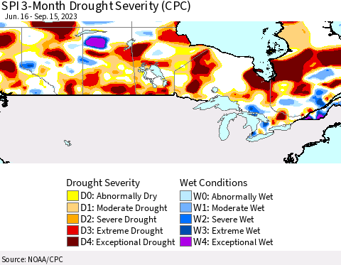 Canada SPI 3-Month Drought Severity (CPC) Thematic Map For 6/16/2023 - 9/15/2023