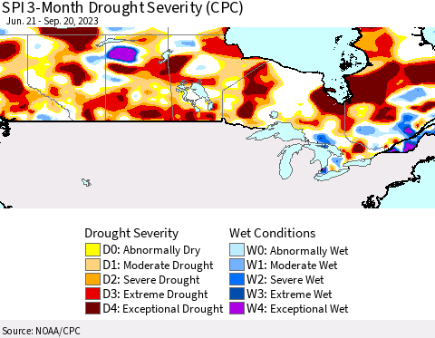 Canada SPI 3-Month Drought Severity (CPC) Thematic Map For 6/21/2023 - 9/20/2023