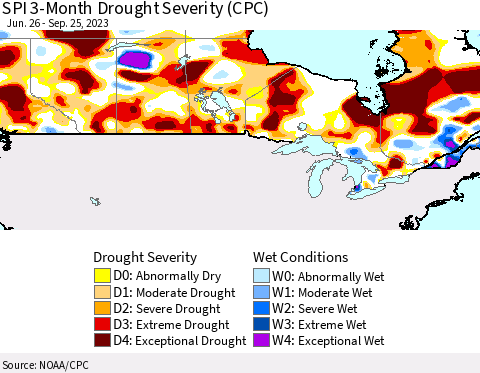 Canada SPI 3-Month Drought Severity (CPC) Thematic Map For 6/26/2023 - 9/25/2023