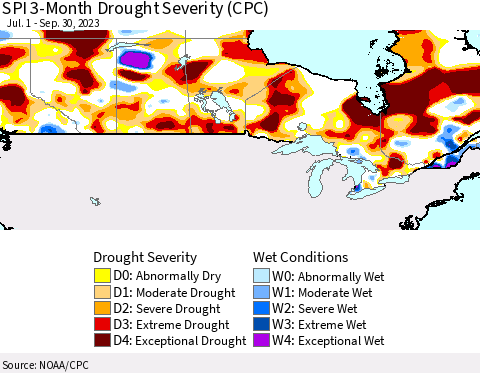 Canada SPI 3-Month Drought Severity (CPC) Thematic Map For 7/1/2023 - 9/30/2023