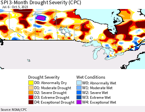 Canada SPI 3-Month Drought Severity (CPC) Thematic Map For 7/6/2023 - 10/5/2023