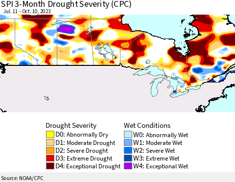 Canada SPI 3-Month Drought Severity (CPC) Thematic Map For 7/11/2023 - 10/10/2023