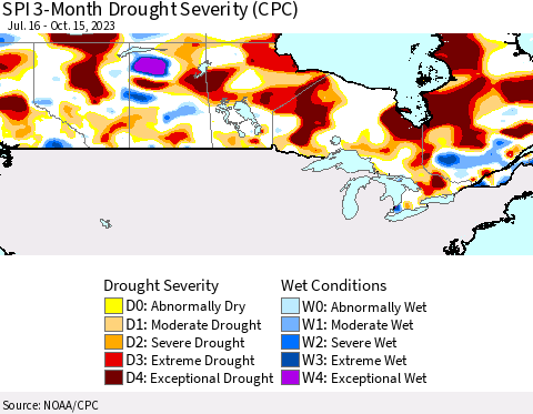 Canada SPI 3-Month Drought Severity (CPC) Thematic Map For 7/16/2023 - 10/15/2023