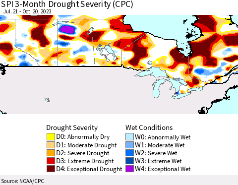 Canada SPI 3-Month Drought Severity (CPC) Thematic Map For 7/21/2023 - 10/20/2023