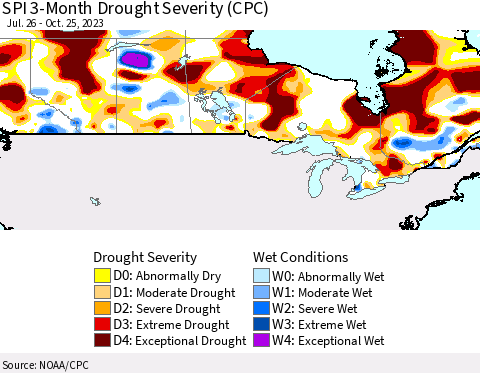 Canada SPI 3-Month Drought Severity (CPC) Thematic Map For 7/26/2023 - 10/25/2023
