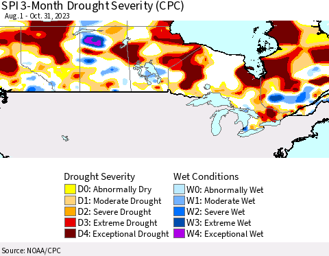 Canada SPI 3-Month Drought Severity (CPC) Thematic Map For 8/1/2023 - 10/31/2023
