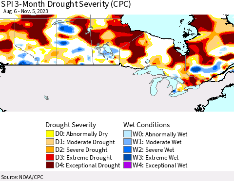 Canada SPI 3-Month Drought Severity (CPC) Thematic Map For 8/6/2023 - 11/5/2023