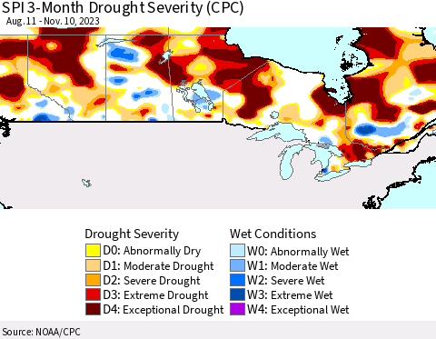 Canada SPI 3-Month Drought Severity (CPC) Thematic Map For 8/11/2023 - 11/10/2023