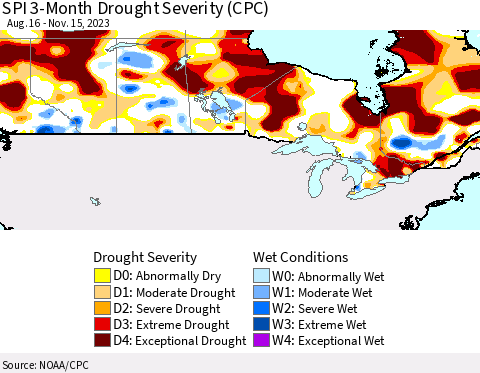Canada SPI 3-Month Drought Severity (CPC) Thematic Map For 8/16/2023 - 11/15/2023