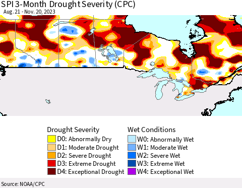 Canada SPI 3-Month Drought Severity (CPC) Thematic Map For 8/21/2023 - 11/20/2023
