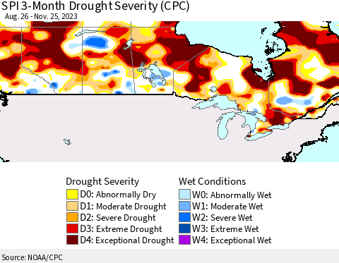 Canada SPI 3-Month Drought Severity (CPC) Thematic Map For 8/26/2023 - 11/25/2023