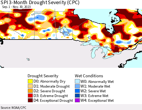 Canada SPI 3-Month Drought Severity (CPC) Thematic Map For 9/1/2023 - 11/30/2023