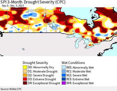Canada SPI 3-Month Drought Severity (CPC) Thematic Map For 9/6/2023 - 12/5/2023