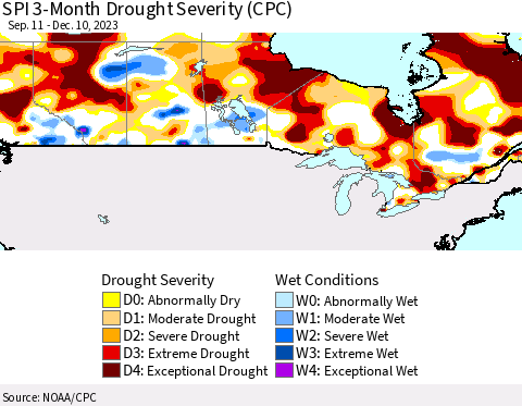 Canada SPI 3-Month Drought Severity (CPC) Thematic Map For 9/11/2023 - 12/10/2023
