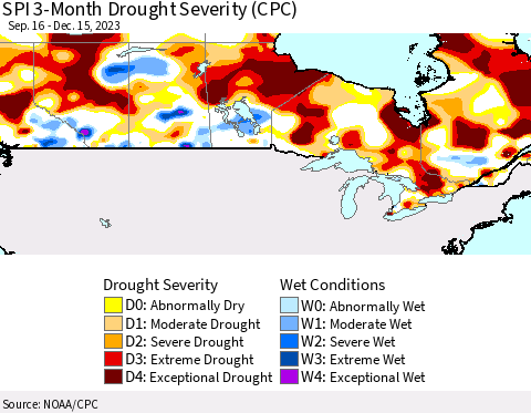 Canada SPI 3-Month Drought Severity (CPC) Thematic Map For 9/16/2023 - 12/15/2023