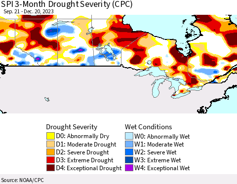 Canada SPI 3-Month Drought Severity (CPC) Thematic Map For 9/21/2023 - 12/20/2023