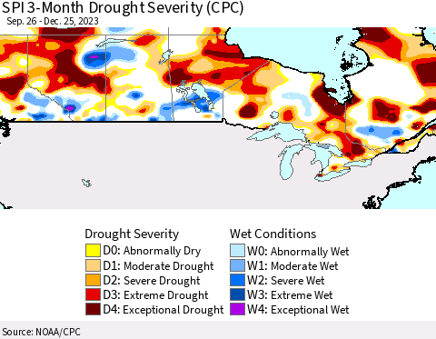 Canada SPI 3-Month Drought Severity (CPC) Thematic Map For 9/26/2023 - 12/25/2023
