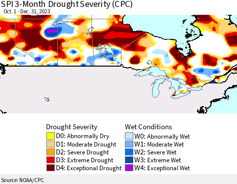 Canada SPI 3-Month Drought Severity (CPC) Thematic Map For 10/1/2023 - 12/31/2023