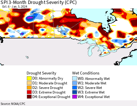 Canada SPI 3-Month Drought Severity (CPC) Thematic Map For 10/6/2023 - 1/5/2024